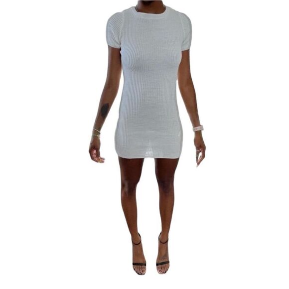 NASTY GAL Cream Knit Ribbed T-Shirt Mini Dress - Picture 1 of 11